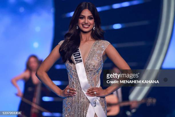 Miss India, Harnaaz Sandhu, poses in the evening gown during the 70th Miss Universe beauty pageant in Israel's southern Red Sea coastal city of Eilat...