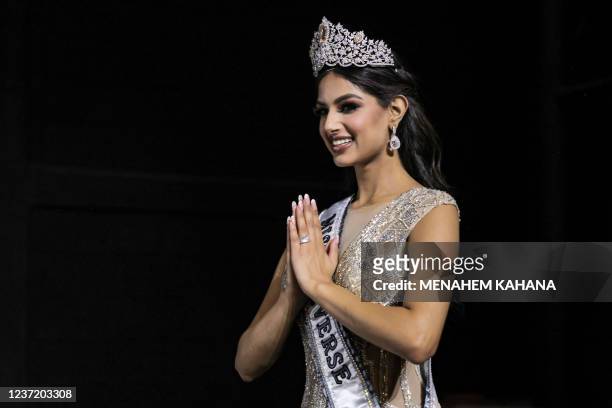 Miss Universe 2021 Harnaaz Sandhu poses for photos after winning the 70th Miss Universe beauty pageant in Israel's southern Red Sea coastal city of...