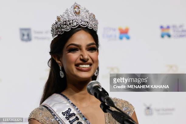 Miss Universe 2021 Harnaaz Sandhu speaks to reporters after winning the 70th Miss Universe beauty pageant in Israel's southern Red Sea coastal city...