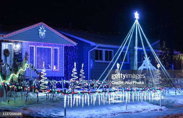 Christmas decorations in front of the house in Candy Cane Lane, a residential area of Edmonton. Sunday, December 12 in Edmonton, Alberta, Canada.