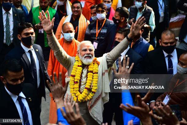 Indian Prime Minister Narendra Modi arrives to inaugurate the Kashi Vishwanath Dham Corridor, in Varanasi on December 13, 2021.
