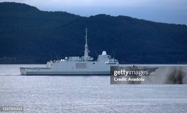 French frigate Auvergne, bow numbered D 654 with a length of 142 meters, passes through Dardanelles Strait in Canakkale, Turkey on December 13, 2021.