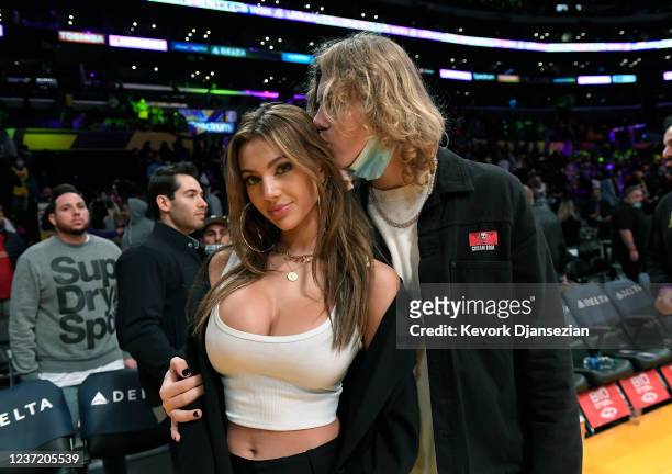 The Kid Laroi and his girlfriend Katarina Deme attend the game between the Los Angeles Lakers and Orlando Magic at Staples Center on December 12,...