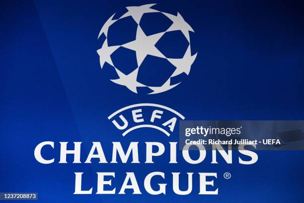 View of the UEFA Champions League logo during the UEFA Champions League 2021/22 Round of 16 Draw at the UEFA headquarters, The House of European...