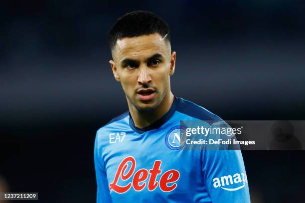 Adam Ounas of SSC Napoli looks on during the Serie A match between SSC Napoli and Empoli FC at Stadio Diego Armando Maradona on December 12, 2021 in...