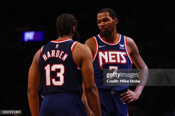 Kevin Durant and James Harden of the Brooklyn Nets in action against the Chicago Bulls at Barclays Center on December 04, 2021 in New York City. NOTE...