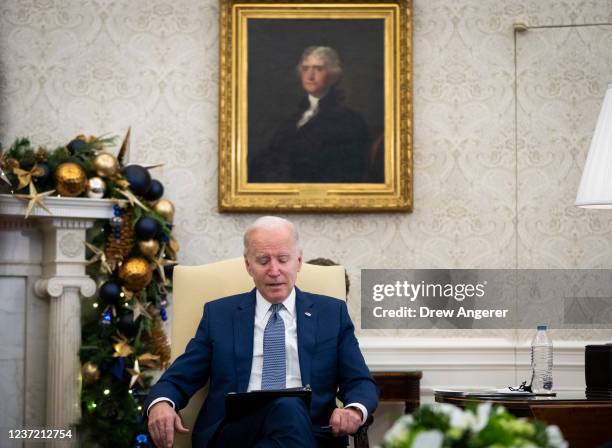 President Joe Biden speaks during a briefing about the recent tornadoes in the Midwest in the Oval Office of the White House December 13, 2021 in...