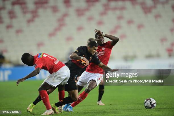 DeAndre Roselle Yedlin of Galatasaray and Max Gradel , Isaac Cofie of Sivasspor in action during the Turkish Super League football match between...