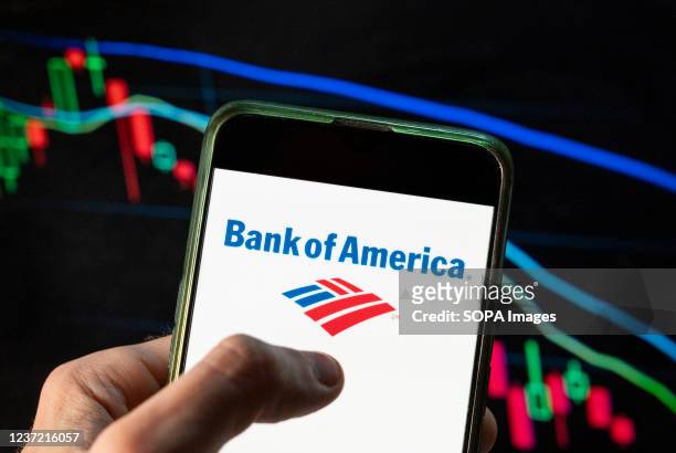 In this photo illustration the American multinational investment bank and financial services company, The Bank of America, logo seen displayed on a...
