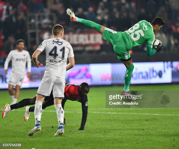 Dicko of Gaziantep FK in action against the goalkeeper Berke Ozer of Fenerbahce during the Turkish Super Lig week 16 soccer match between Gaziantep...