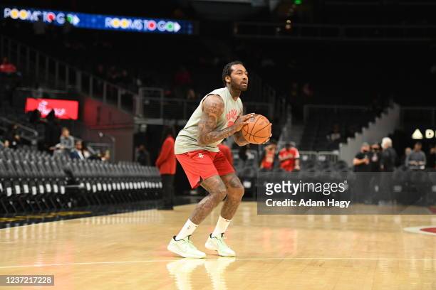 John Wall of the Houston Rockets warms up before the game against the Atlanta Hawks on December 13, 2021 at State Farm Arena in Atlanta, Georgia....