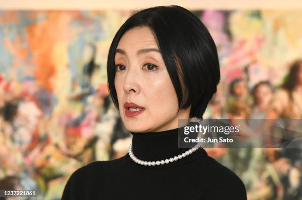 Actress Tamiyo Kusakari attends the press preview of Marie Rauzy's 'Unpredictable Painter/Endless Transformation' exhibition on December 14, 2021 in...