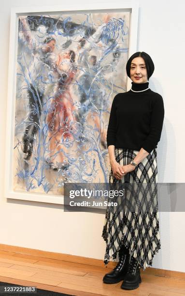 Actress Tamiyo Kusakari attends the press preview of Marie Rauzy's 'Unpredictable Painter/Endless Transformation' exhibition on December 14, 2021 in...