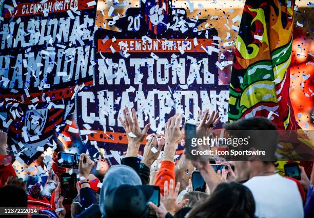 Clemson players and fans celebrate after the NCAA Div 1 Mens College Cup final between the Washington Huskies and the Clemson Tigers, on December 12...
