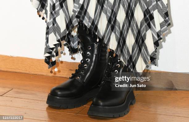 Actress Tamiyo Kusakari, shoe detail, attends the press preview of Marie Rauzy's 'Unpredictable Painter/Endless Transformation' exhibition on...