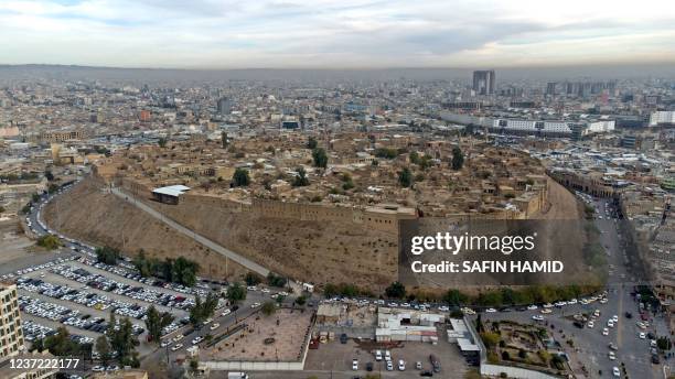 An aerial view shows the citadel of Arbil, the capital of the northern Iraqi Kurdish autonomous region, on December 13, 2021.