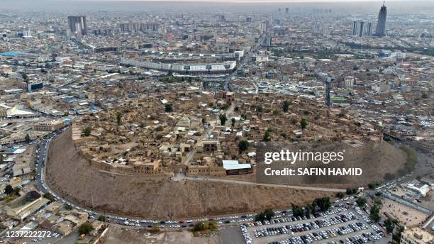 An aerial view shows the citadel of Arbil, the capital of the northern Iraqi Kurdish autonomous region, on December 13, 2021.