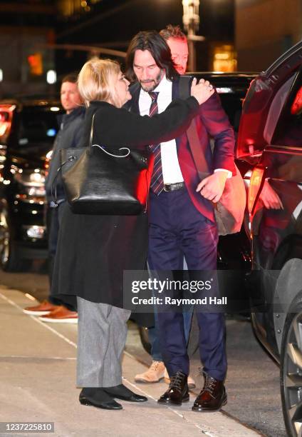 Keanu Reeves arrives at the Ed Sullivan theater for Stephen Colbert show on December 13, 2021 in New York City.