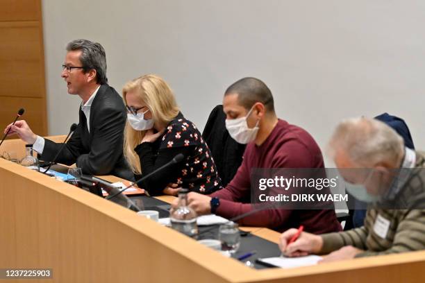 Lawyer Alexis Deswael, Lawyer Marie-Pierre Buisseret, Mehdi Kassou and Priest Daniel Alliet pictured during a session of the chamber commission for...