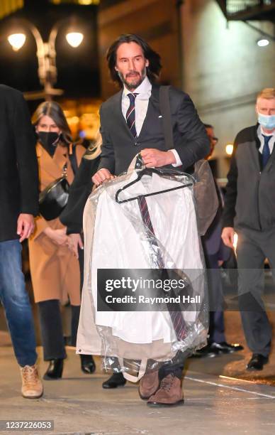 Keanu Reeves arrives at the Ed Sullivan theater for Stephen Colbert show on December 13, 2021 in New York City.