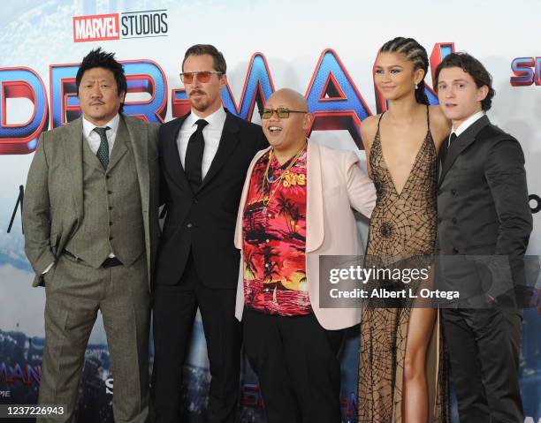 Benedict Wong, Benedict Cumberbatch, Jacob Batalon, Zendaya and Tom Holland attend Sony Pictures' "Spider-Man: No Way Home" Los Angeles Premiere held...