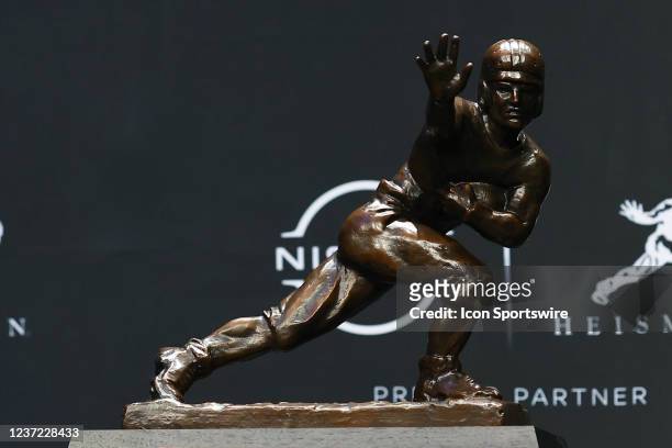 General view of the Heisman Trophy at the press conference at the Marriott Marquis in New York on December 11, 2021 in New York City, NY.
