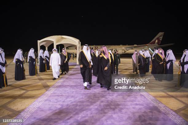Emir of Qatar Sheikh Tamim bin Hamad Al Thani is being welcomed by Crown Prince of Saudi Arabia Mohammad bin Salman al-Saud within 42nd Gulf...
