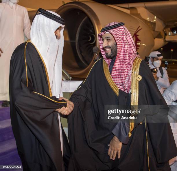 Emir of Qatar Sheikh Tamim bin Hamad Al Thani is being welcomed by Crown Prince of Saudi Arabia Mohammad bin Salman al-Saud within 42nd Gulf...