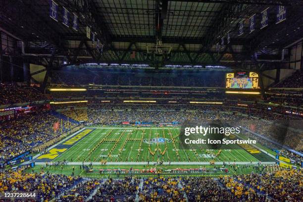 General view of Lucas Oil Stadium is seen while the Iowa Hawkeyes Marching Band perform during the Big Ten Championship Game between the Iowa...