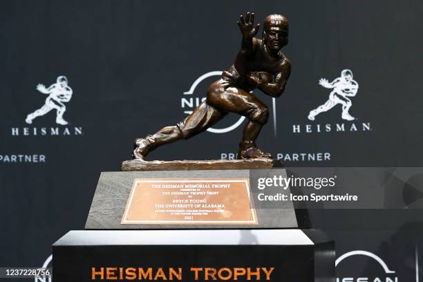 General view of the Heisman Trophy at the press conference at the Marriott Marquis in New York on December 11, 2021 in New York City, NY.