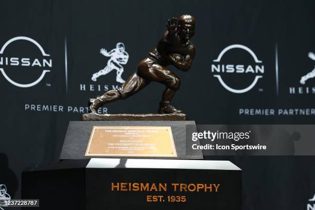 General view of the Heisman Trophy at the Heisman Trophy press conference at the Marriott Marquis in New York on December 11, 2021 in New York City,...