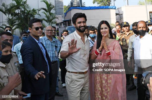 Bollywood actors Vicky Kaushal and Katrina Kaif pose for a photo in Mumbai. The couple got married at Six Senses Fort Barwara in Sawai Madhopur...