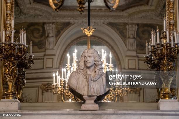 This photograph taken on December 14, 2021 shows the bust of French playwright Moliere, at the Comedie Francaise, national theatre, in Paris.