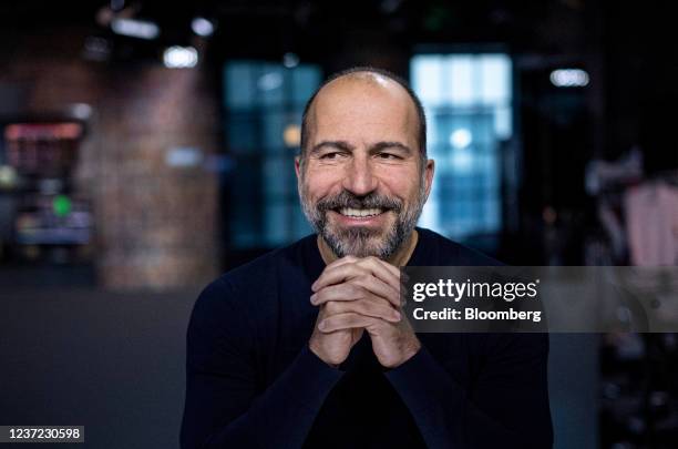 Dara Khosrowshahi, chief executive officer of Uber Technologies Inc., smiles during a Bloomberg Technology television interview in San Francisco,...