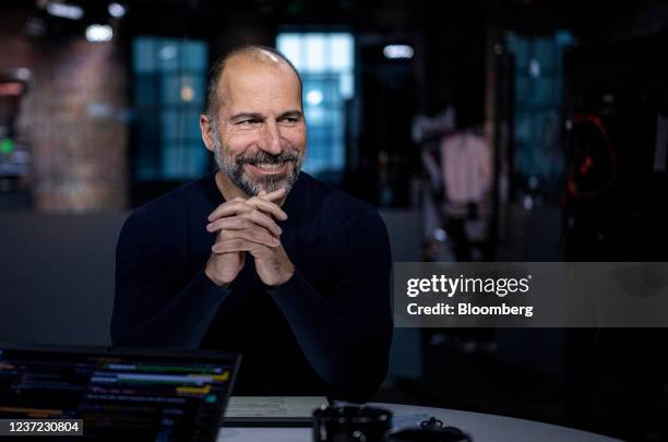 Dara Khosrowshahi, chief executive officer of Uber Technologies Inc., smiles during a Bloomberg Technology television interview in San Francisco,...