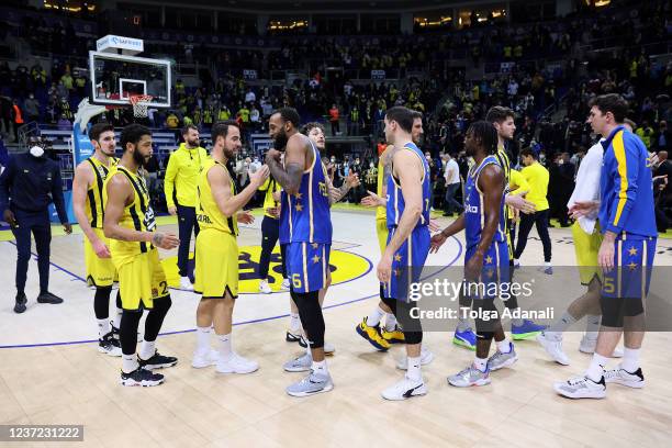 Players celebrate after Turkish Airlines EuroLeague Regular Season Round 15 match between Fenerbahce Beko Istanbul and Maccabi Playtika Tel Aviv at...