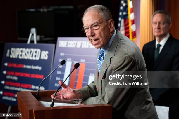 Sens. Chuck Grassley, R-Iowa, left, and Mike Crapo, R-Idaho, conduct a news conference to oppose an increase of the IRS budget in the Build Back...