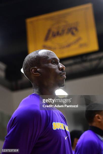 Andre Ingram of the South Bay Lakers looks on before the game against the Agua Caliente Clippers on December 14, 2021 at UCLA Heath Training Center...