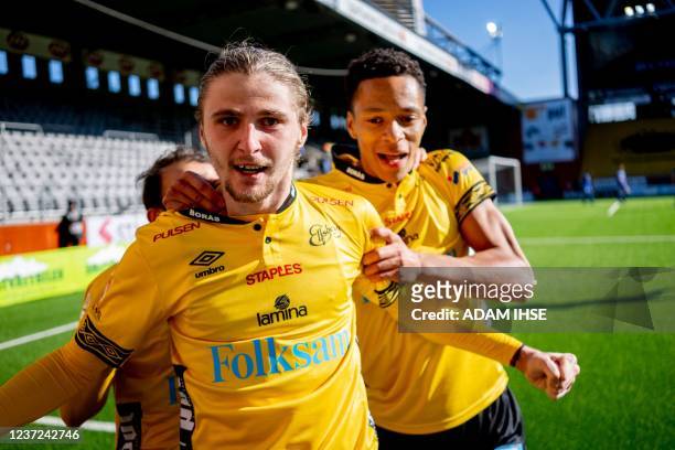 Picture taken on April 4, 2019 shows then Elfsborg's player Pawel Cibicki as he celebrates a goal during a football match in Allsvenskan league...