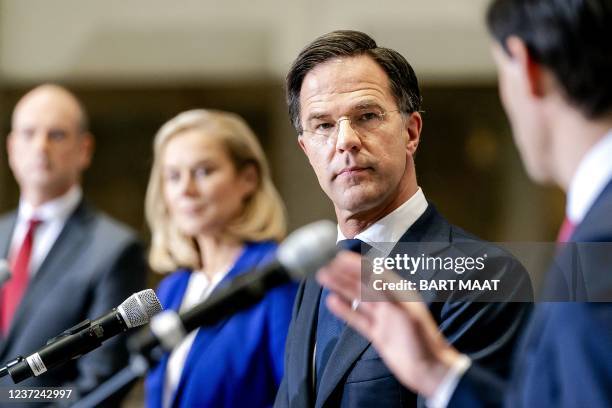 Leader of ChristenUnie Gert-Jan Segers , D66 party's leader Sigrid Kaag, Dutch Prime Minister Mark Rutte of the VVD party and Christian Democratic...