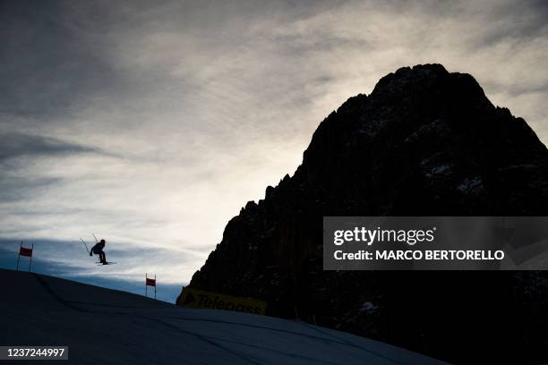 Skier trains on December 15, 2021 in Val Gardena, Italian Alps, on the eve of the Men's FIS Ski World Cup Downhill event.