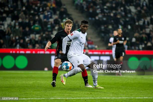 Breel Embolo of Borussia Moenchengladbach in action during the Bundesliga match between Borussia Moenchengladbach and Eintracht Frankfurt at...