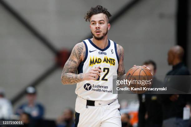 Gabe York of the Fort Wayne Mad Ants brings the ball up court against the Grand Rapids Gold during the first half of an NBA G-League game on December...