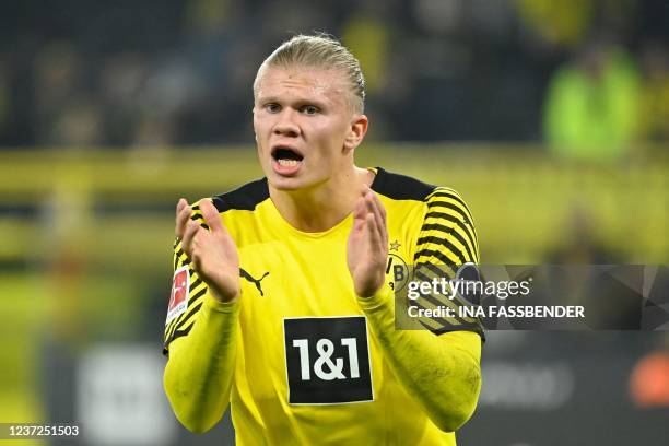 Dortmund's Norwegian forward Erling Braut Haaland reacts during the German first division Bundesliga football match Borussia Dortmund vs SpVgg...