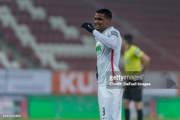 Sergio Cordova of FC Augsburg gestures during the Bundesliga match between FC Augsburg and RB Leipzig at WWK-Arena on December 15, 2021 in Augsburg,...