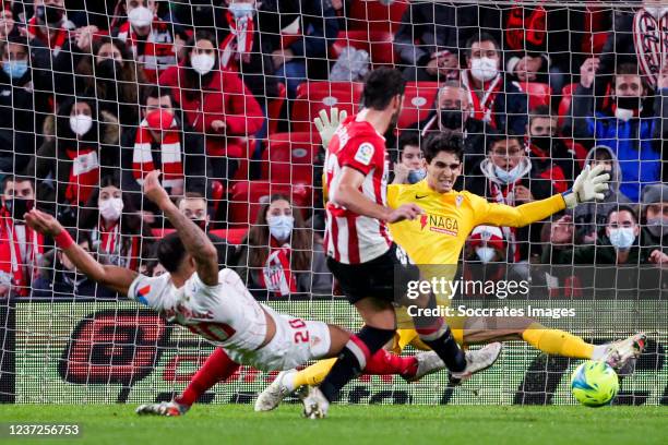 Diego Carlos of Sevilla FC, Raul Garcia of Athletic Bilbao, Yassine Bounou Bono of Sevilla FC during the La Liga Santander match between Athletic de...