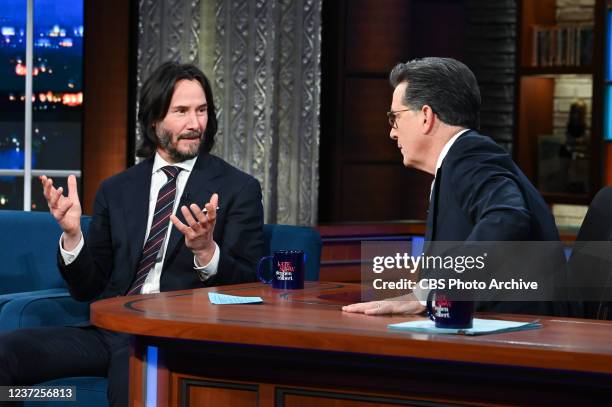 The Late Show with Stephen Colbert and guest Keanu Reeves during Monday's December 13, 2021 show.