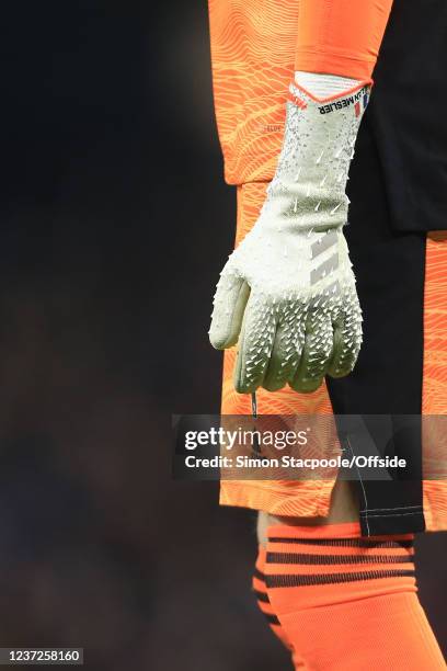 Leeds United goalkeeper Illan Meslier wears personalised Adidas Predator gloves during the Premier League match between Manchester City and Leeds...