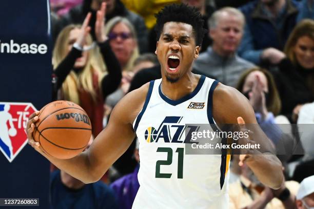 Hassan Whiteside of the Utah Jazz reacts to a play during the first half of a game against the LA Clippers at Vivint Smart Home Arena on December 15,...