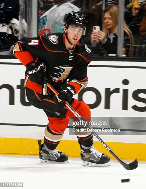 Cam Fowler of the Anaheim Ducks skates with the puck during the game against the Seattle Kraken at Honda Center on December 15, 2021 in Anaheim,...